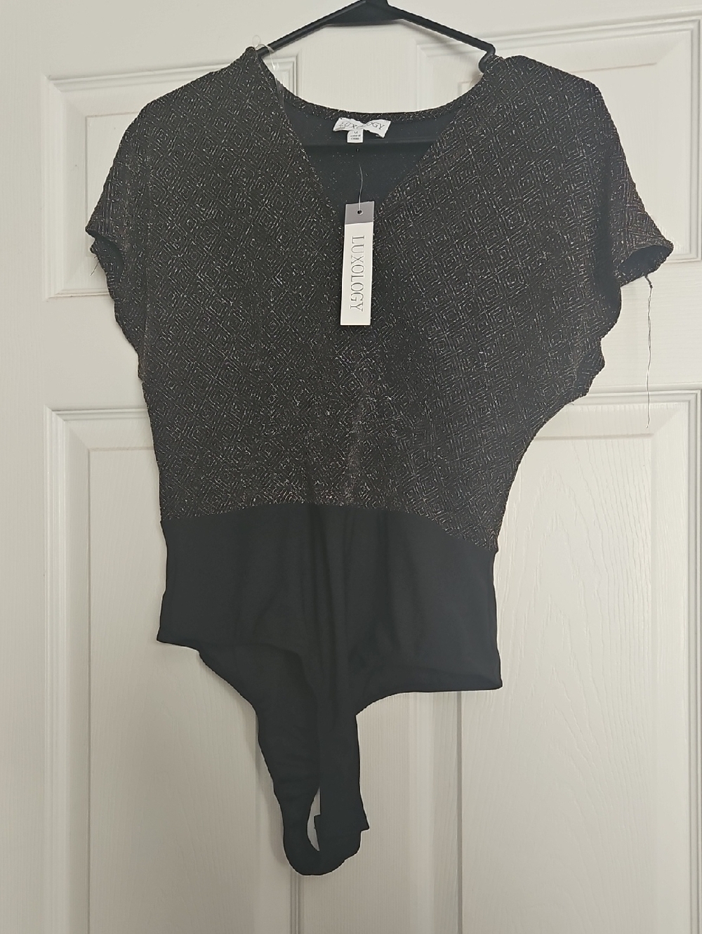 Luxology Black with Gold Metallic Thread V-Neck Bodysuit